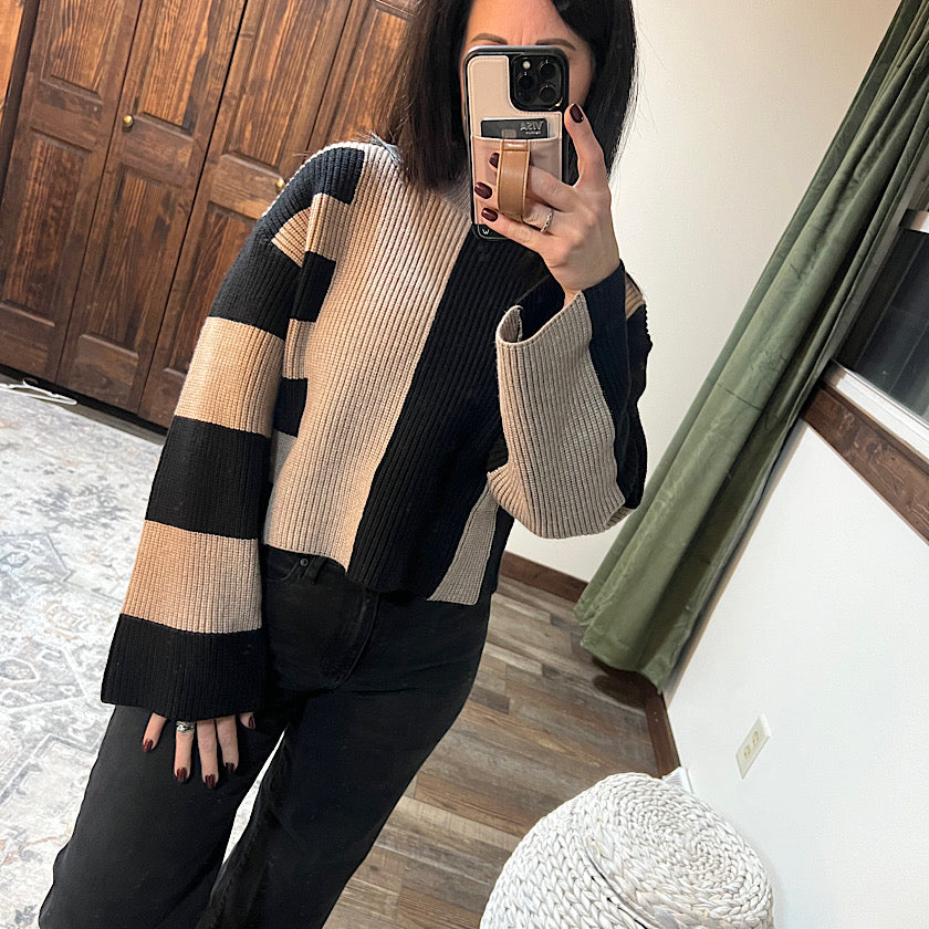 Black/Oat Mock Turtleneck Sweater