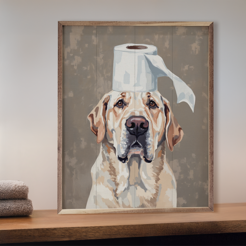 Framed artwork of a dog with toilet paper on its head on a wooden shelf.