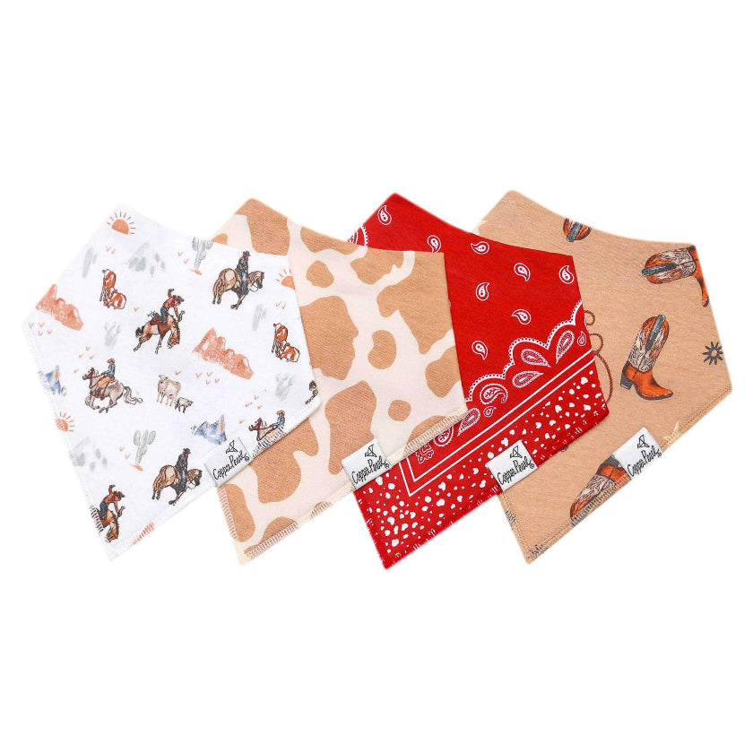Set of five bandanas with cowboy-themed designs on a white background