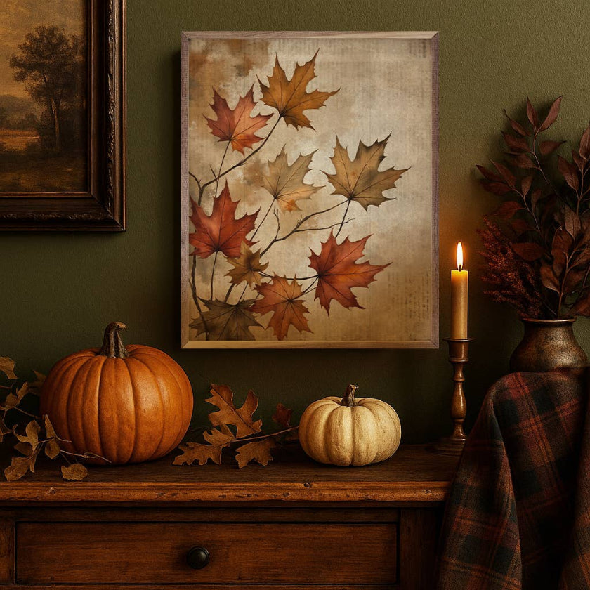 Autumn-themed decor with pumpkins, leaves, and a candle on a wooden surface.