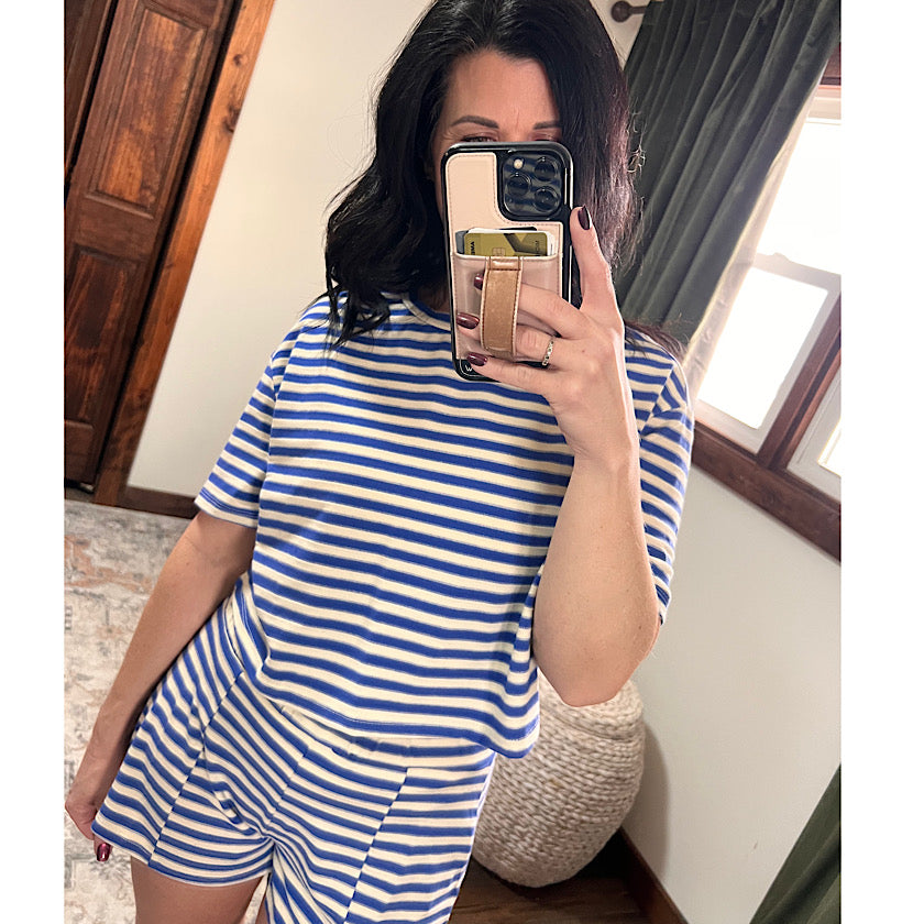 Blue Striped Crew Neck Short Set