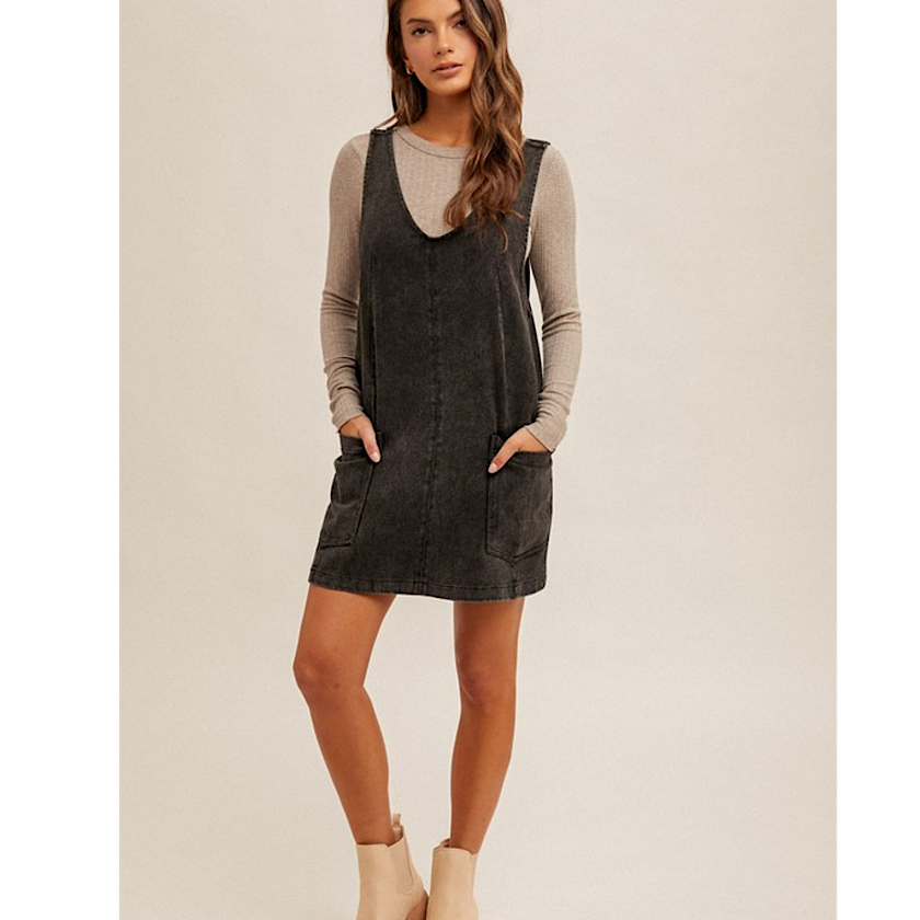 Black Snow Wash Overall Dress