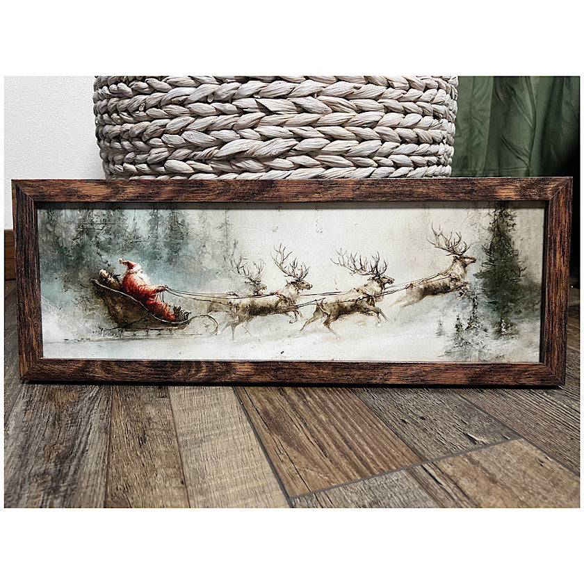 Santa Sleigh with Reindeer Vintage Wood Sign
