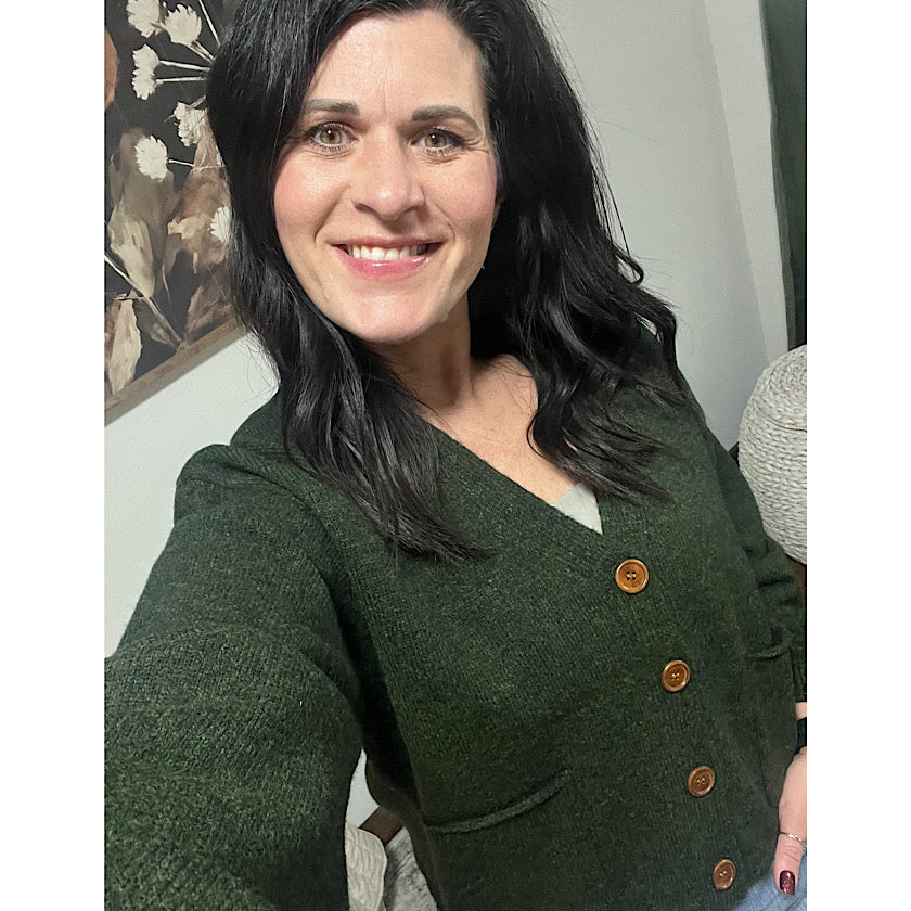 Olive V-Neck Cuff Button-Up Sweater