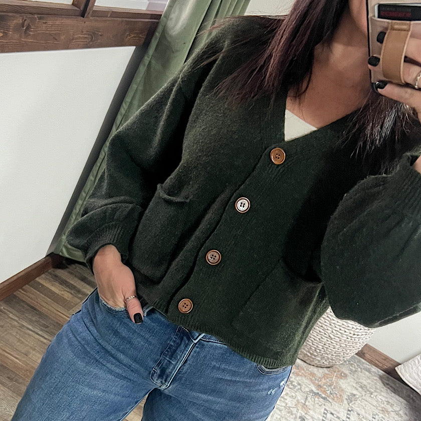 Olive V-Neck Cuff Button-Up Sweater