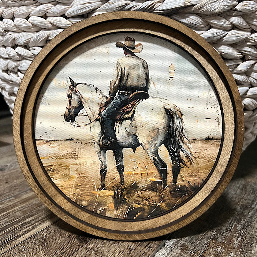 8" Round White Horse Cowboy Art