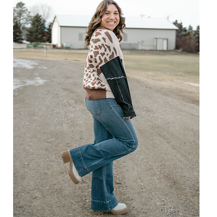 Leopard Denim Sleeve Sweater