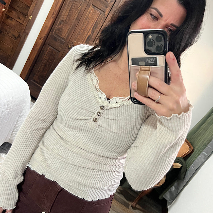 Soft Taupe Lace Trim Top