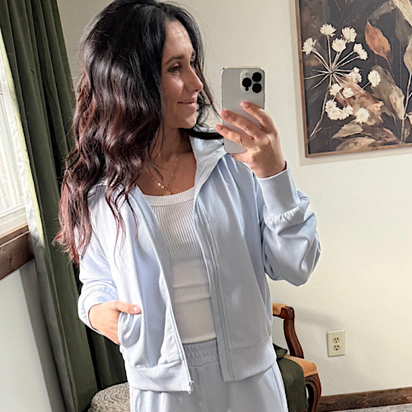 Luxe Sand Wash Rib Zip Jacket  in Halogen Blue