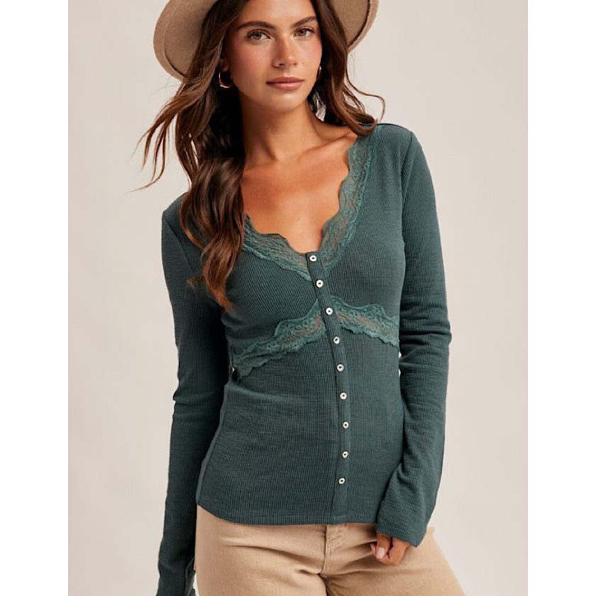 Forest Green Lace Trim Rib Top
