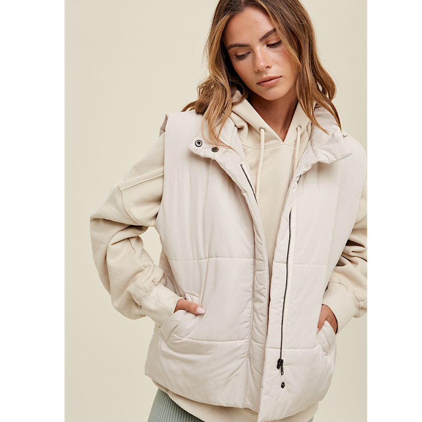 Ecru Puffer Vest with Pockets