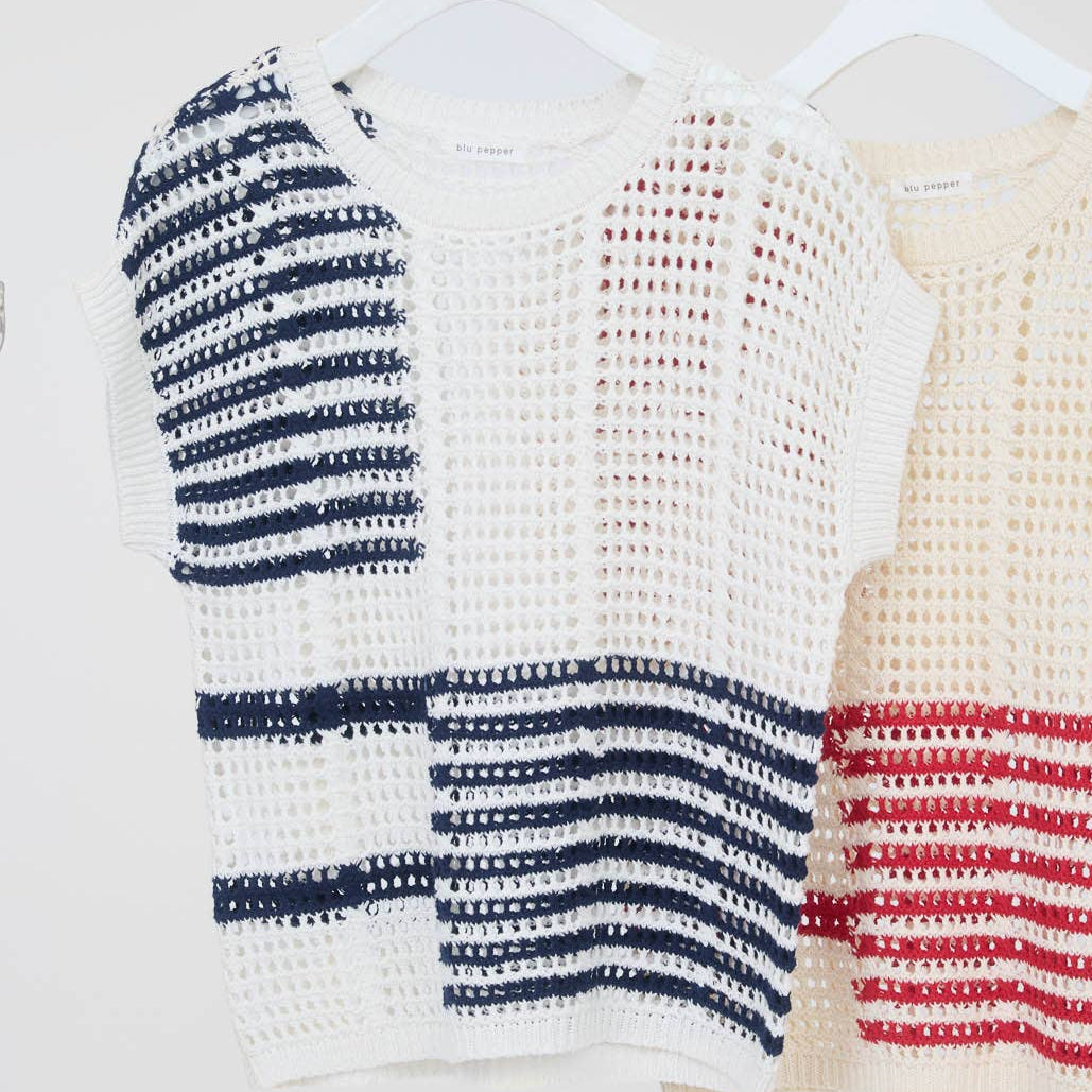 Navy Multi Stripe Crochet Knit Top
