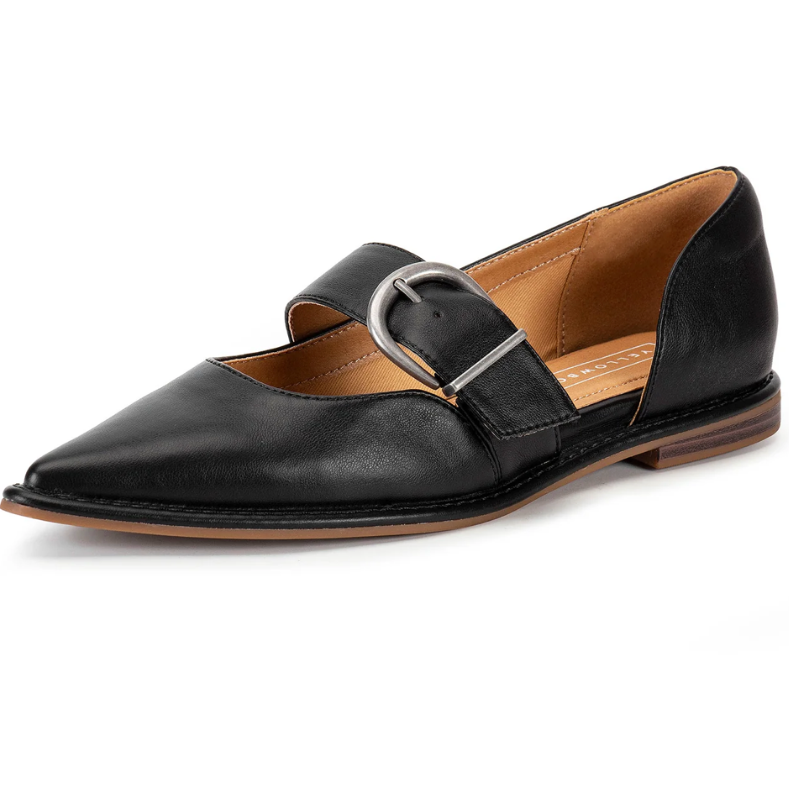 Black leather flat shoe with a buckle on a white background