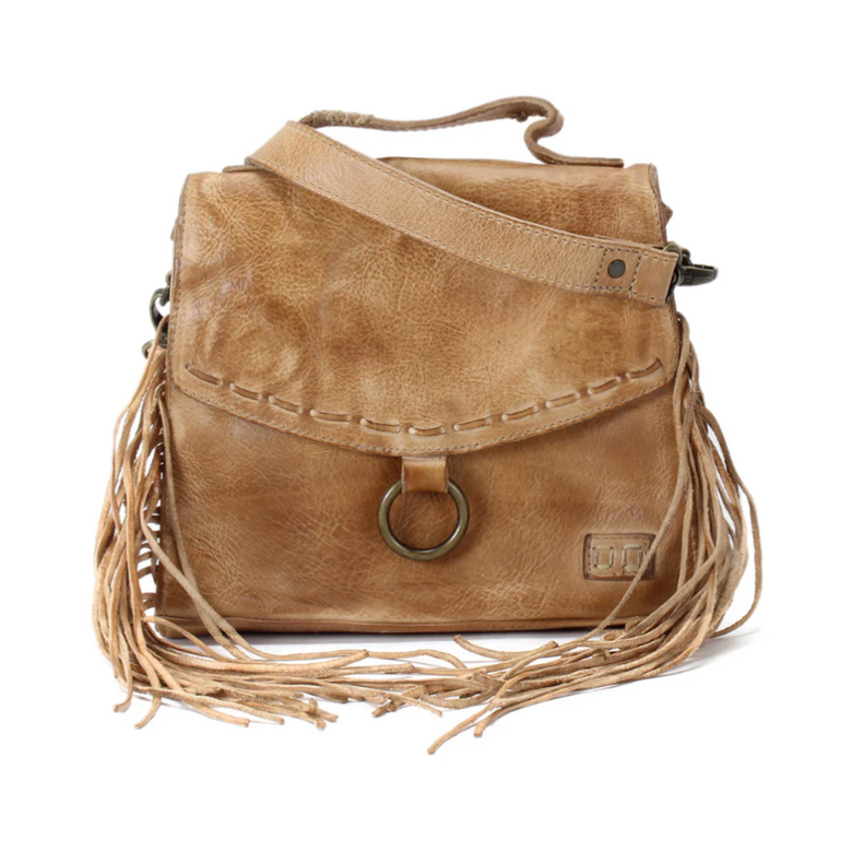 Brown leather bag with fringes on a white background