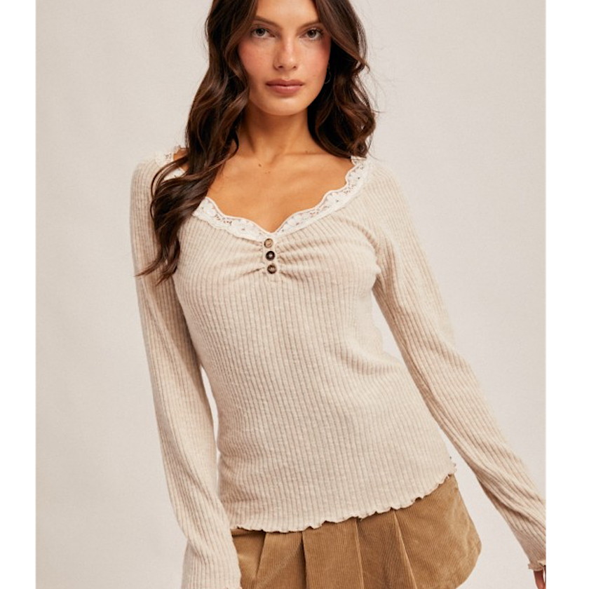 Soft Taupe Lace Trim Top