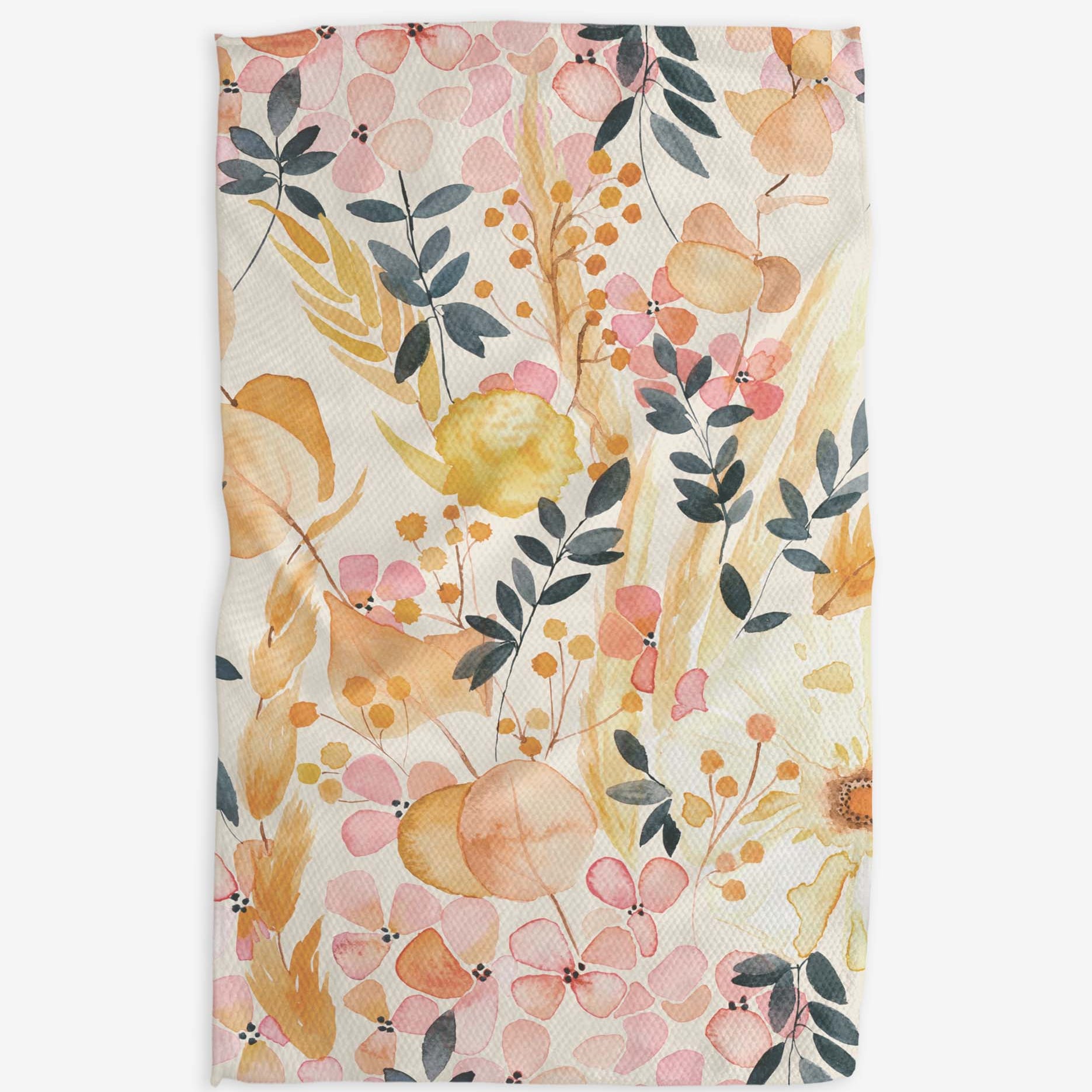 Floral patterned fabric with pink, orange, and green colors on a white background