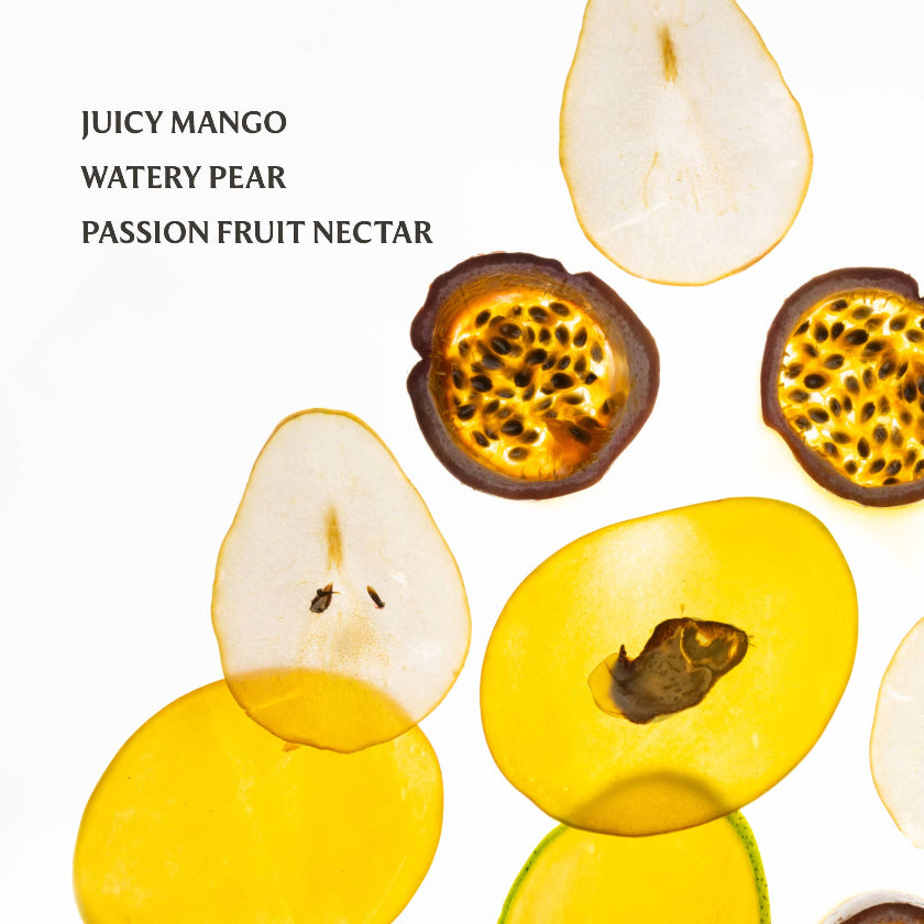 Fruit slices including mango, pear, and passion fruit on a white background with text.