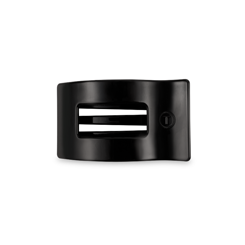 Black belt buckle with a central rectangular cutout on a white background