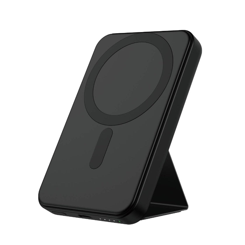 Black wireless charging stand on a white background
