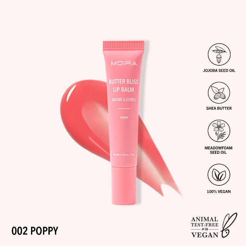 Moira Butter Bliss Lip Balm in Poppy color with ingredients and vegan certification on a white background
