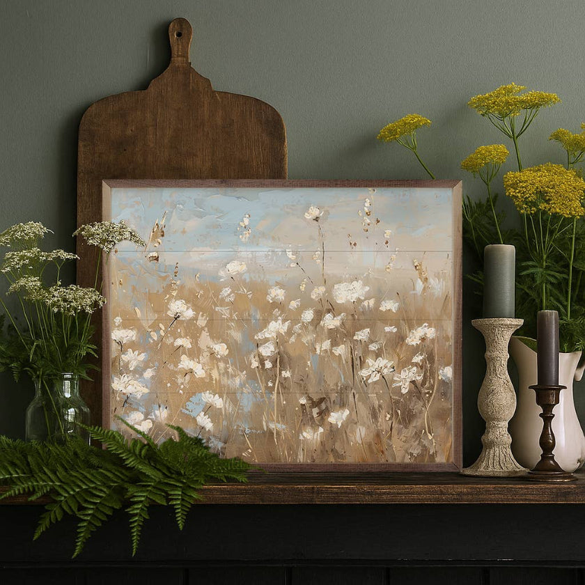 Framed artwork of a floral scene on a shelf with plants and candles.