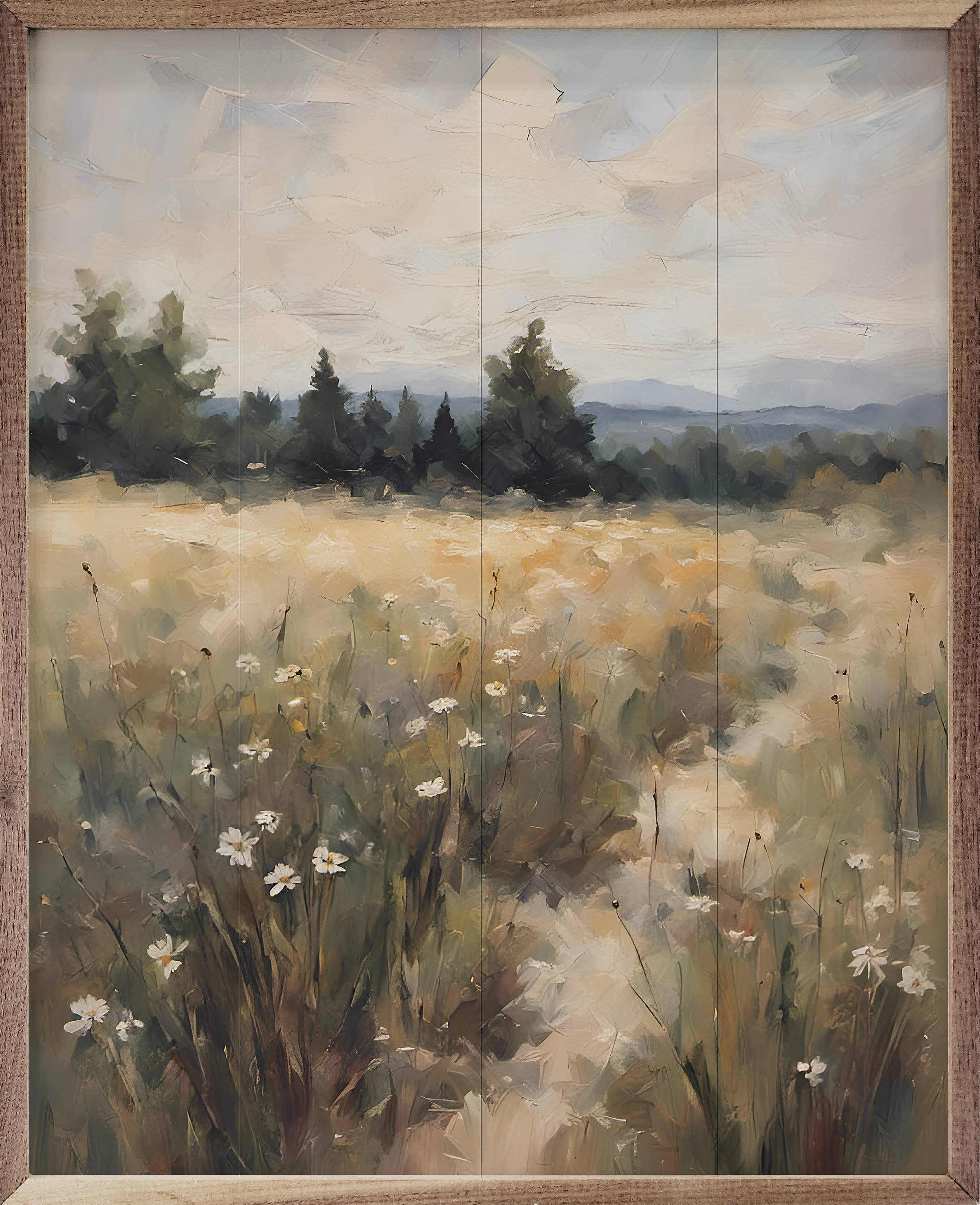 Painting of a field with wildflowers and trees under a cloudy sky.