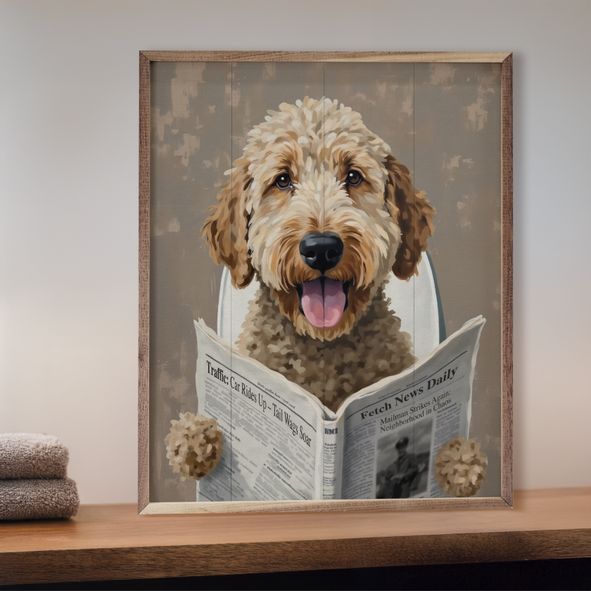Framed artwork of a dog reading a newspaper on a shelf.