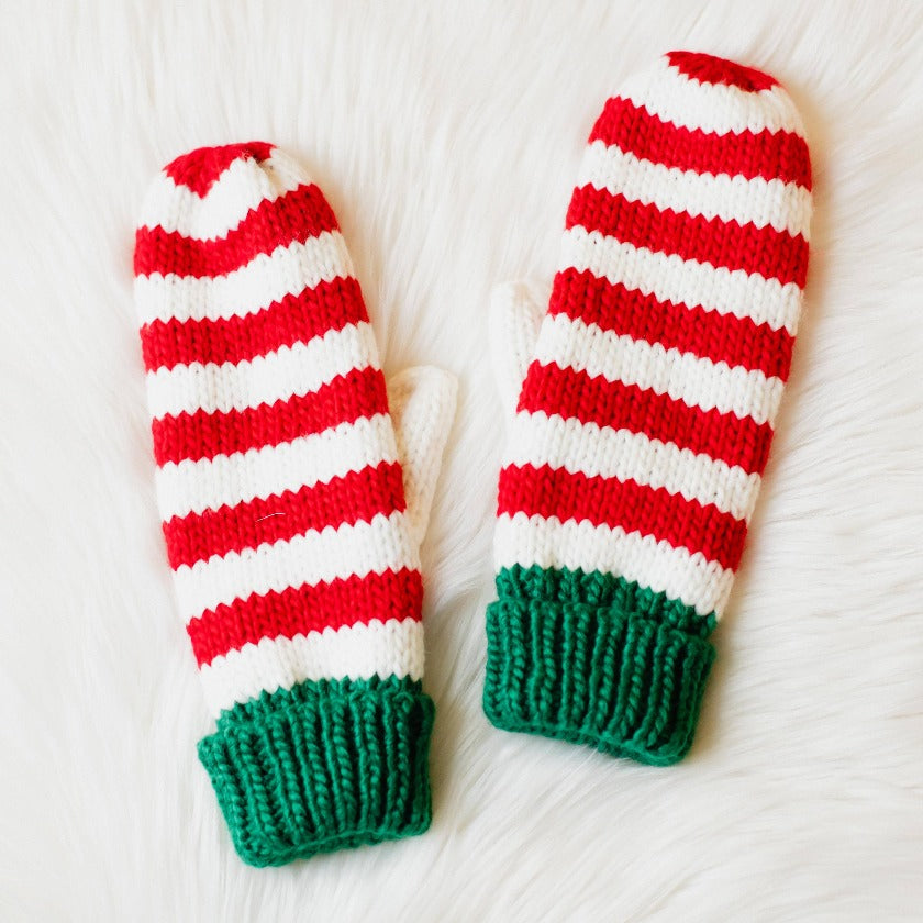 Red, White & Green Striped Mittens