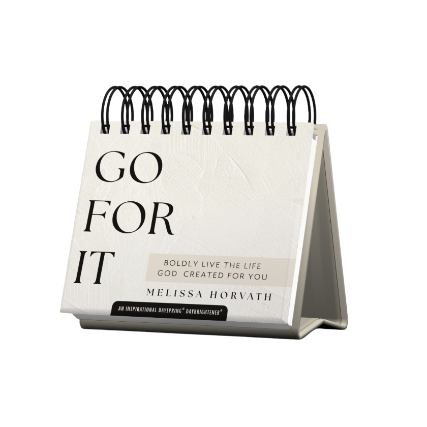 Desk calendar with 'Go For It' quote by Melissa Horvath on a white background