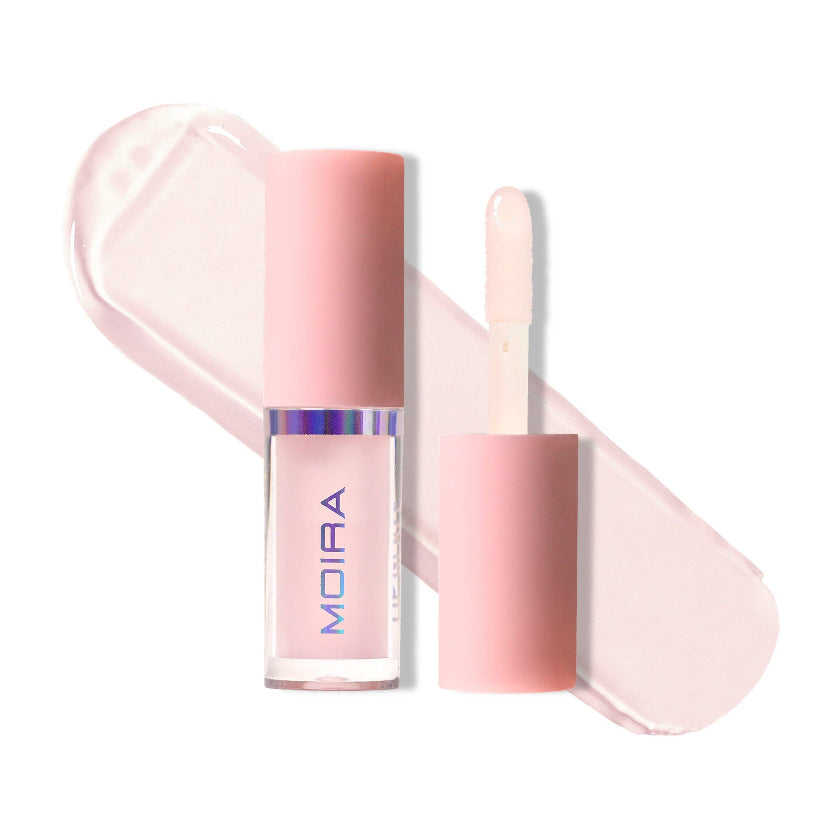 Pink lip gloss with applicator on a white background