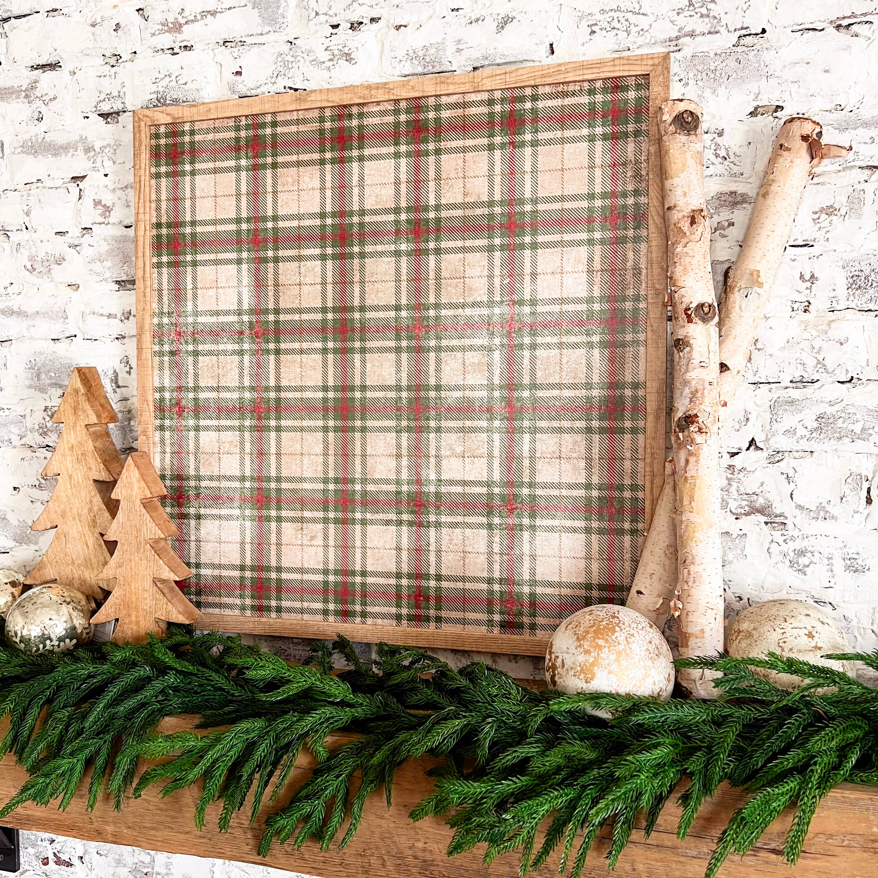 Vintage Tan Plaid Wood Sign