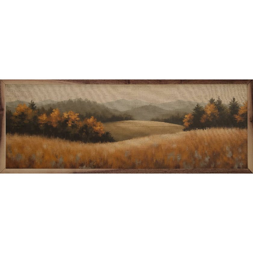 Painting of a landscape with fields, trees, and mountains.