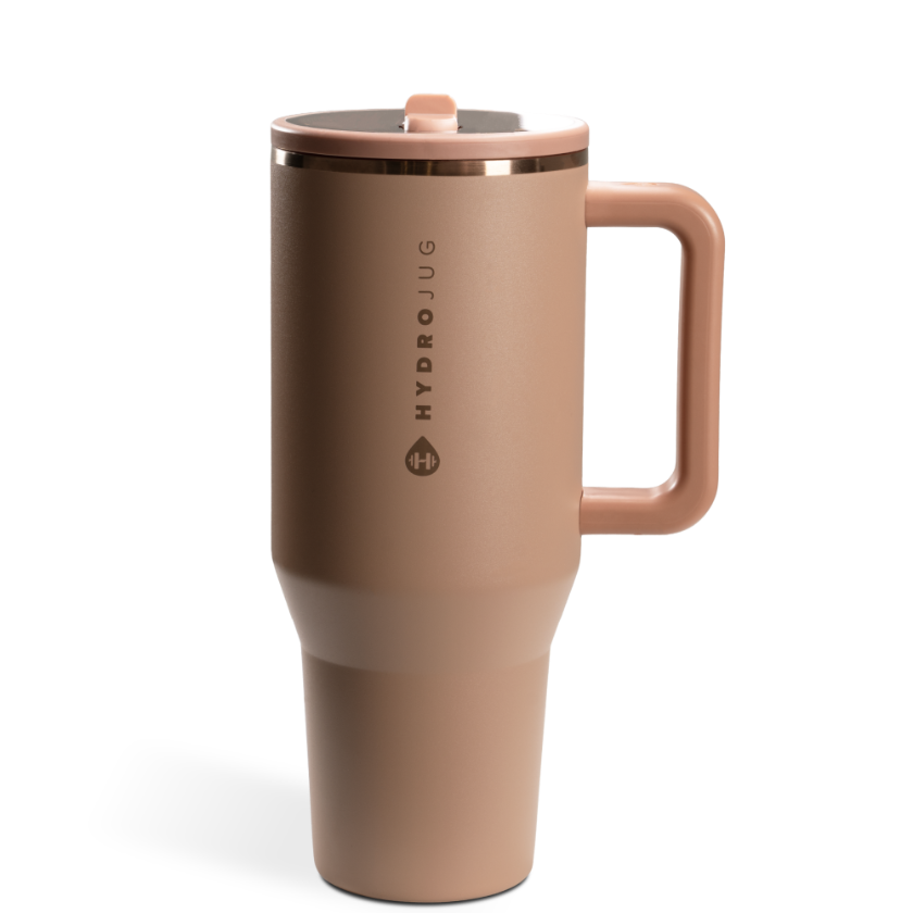 Brown travel mug with handle on a white background