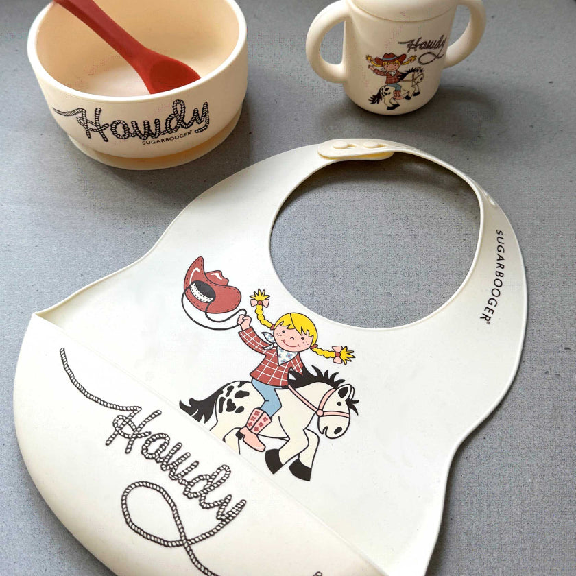 Fresh & Messy Silicone Bib & Spoon Set | Howdy Cowgirl | Sugarbooger by Ore’ Originals