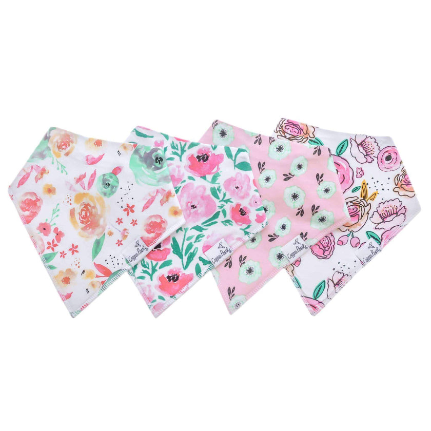 Set of four floral-patterned baby bibs on a white background