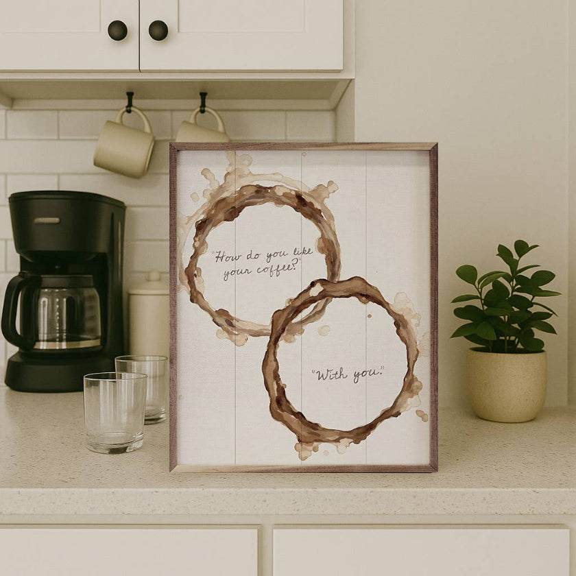 Framed wall art with coffee-themed design in a kitchen setting