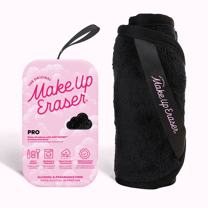 Makeup Eraser packaging and black cleaning cloth on a white background