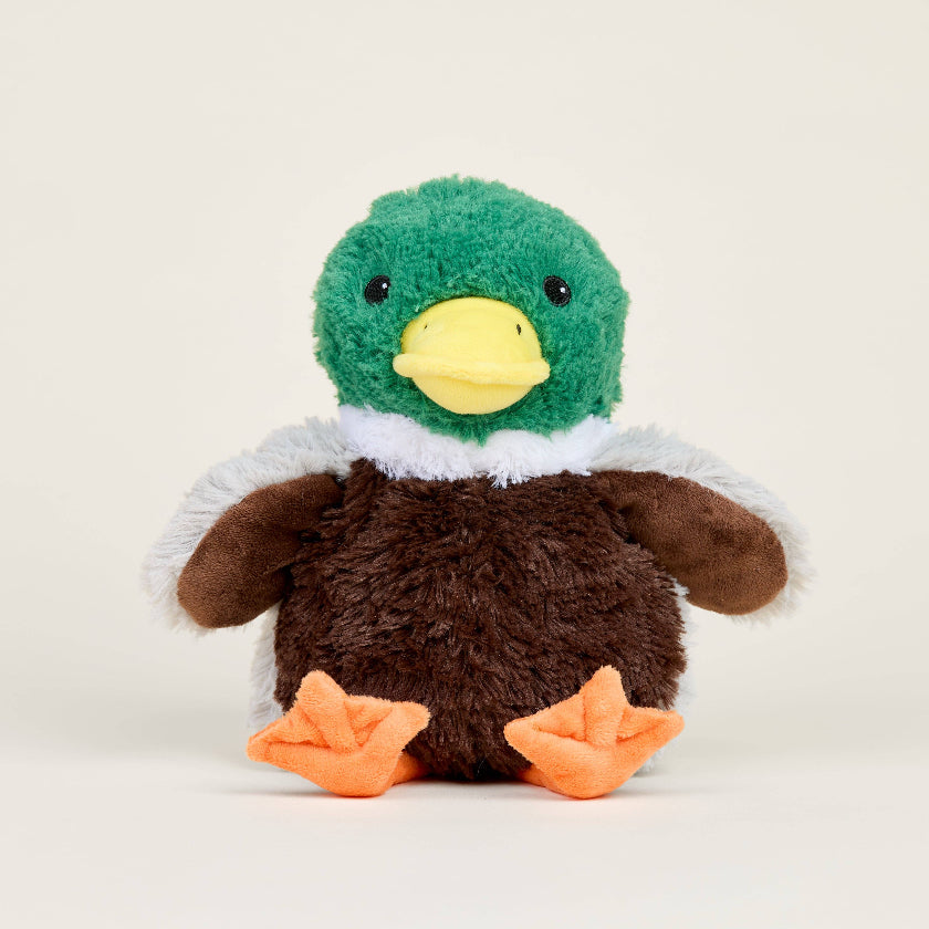 Plush toy eagle with green head, brown body, and orange feet on a white background