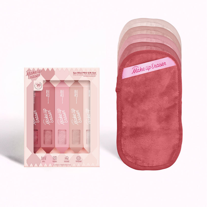 Pink makeup eraser with packaging on a white background