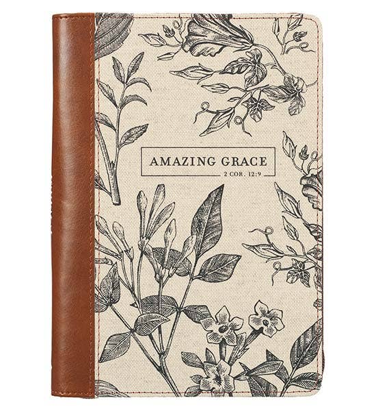 Christian Art Gifts - Amazing Grace Natural Canvas & Brown Faux Leather Journal