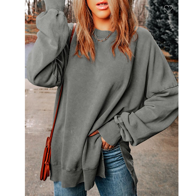 Gray Ribbed Trim Oversized Pullover