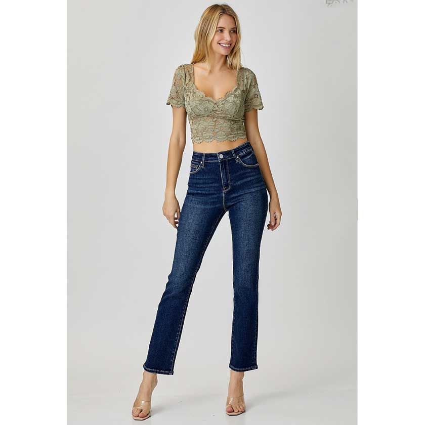 High rise, ankle jeans by Risen. Slim cut. Straight. 91% Cotton, 6% Polyester, 3% Spandex