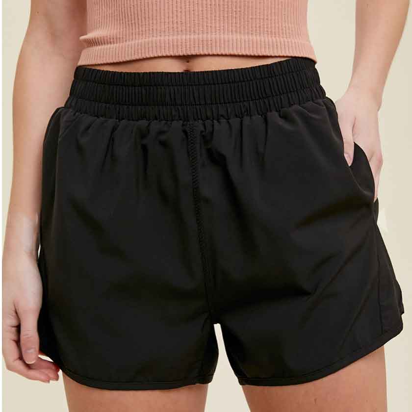 Black athlleisure shorts. Lightweight. Elastic waistband. Side pockets
