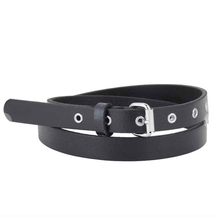 A skinny grommet belt made with genuine leather in black; styled with a small rectangle silver buckle. Versatile and timeless.