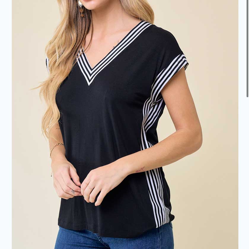 Black, striped, V-Neck Top.