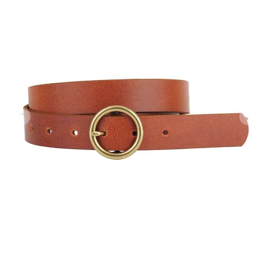 Belt made with genuine leather in camel and a single brass-toned ring buckle