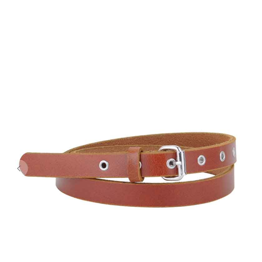 A skinny grommet belt made with genuine leather in camel; styled with a small rectangle silver buckle. Versatile and timeless.