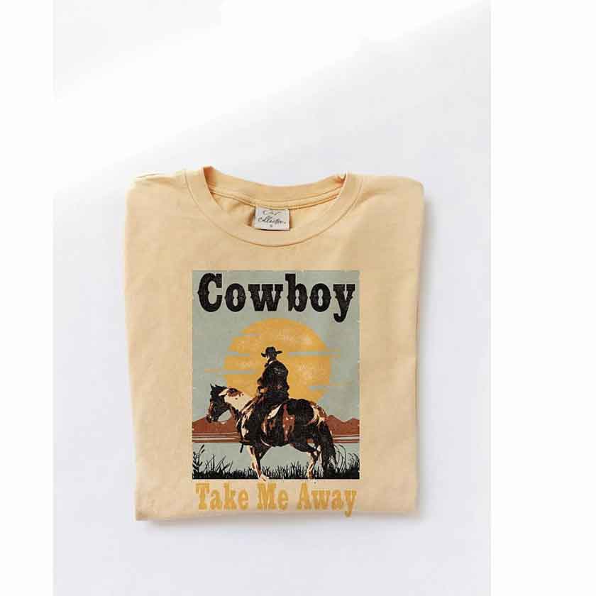 COWBOY TAKE ME AWAY Mineral Washed Graphic Tee in Golden.100% Premium Cotton Jersey. Relaxed unisex fit. Screen Printed with water based ink. 
