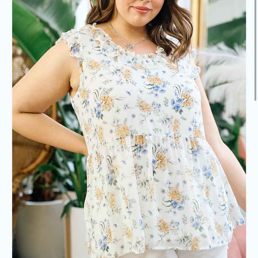 Ivory, floral, ruffle top.