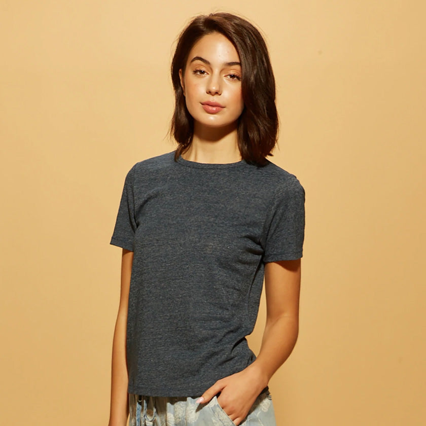 The Lolly Tee in navy has a relaxed fit and goes great with any look! Our soft linen and recycled polyester blend make the comfiest tee ever.